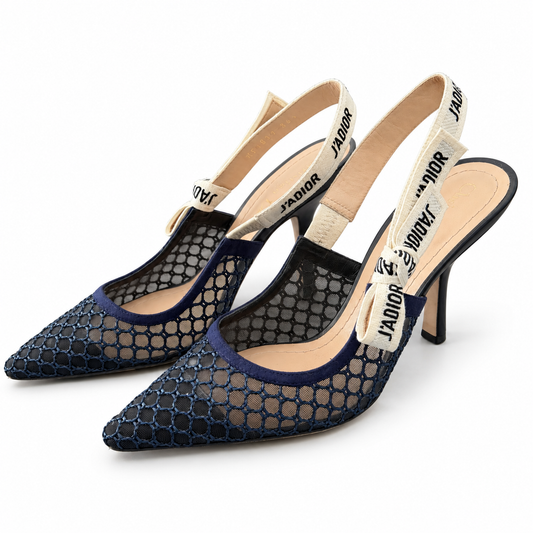 DIOR - SLINGBACK PUMPS J’ADIOR NAVY BLUE EMBROIDERED MESH SIZE 36.5 EU