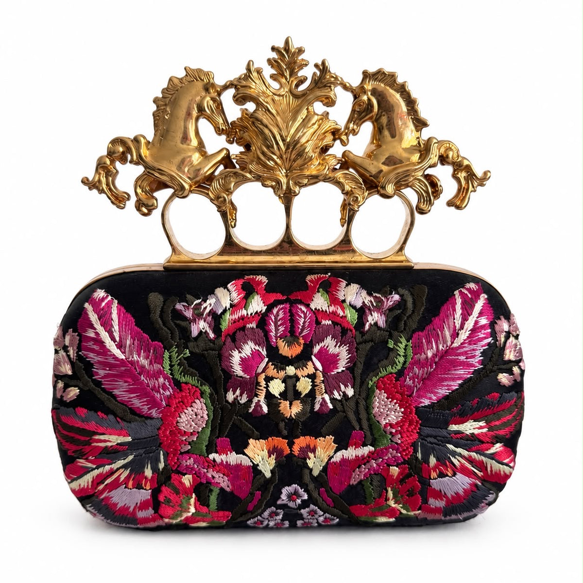 ALEXANDER MCQUEEN - CLUTCH KNUCKLE BOX BLACK MULTICOLOR FLORAL EMBROIDERED WITH GOLD-TONE HARDWARE