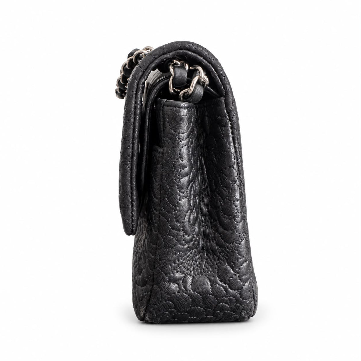 CHANEL - BAG TIMELESS CLASSIC FLAP BLACK CAMELLIA QUILTED LEATHER WITH SILVER TONE HARDWARE