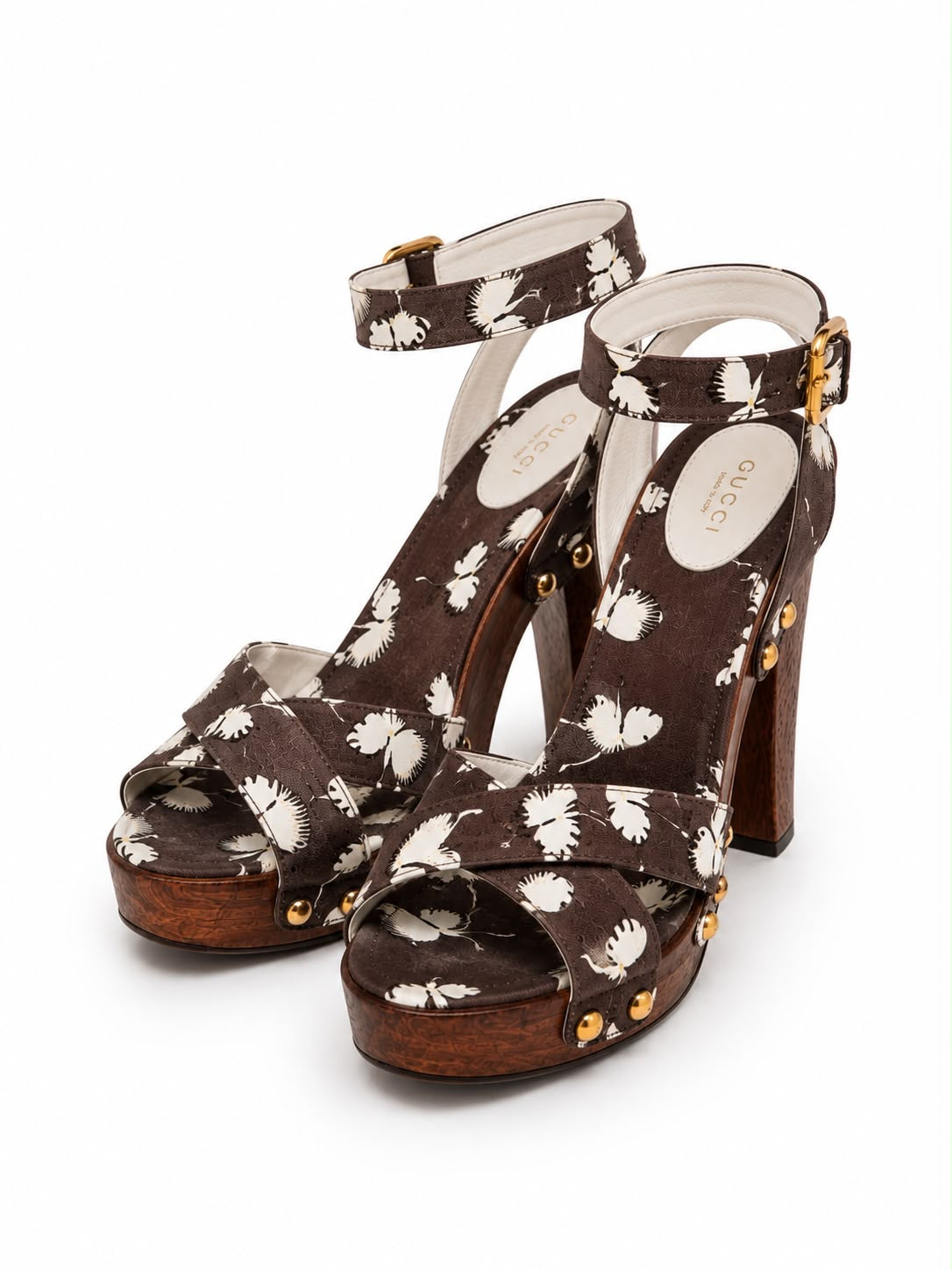 GUCCI - SANDALS PLATFORM BROWN CANVAS ORCHID PRINT WITH WOODEN HEELS SIZE 38 EU