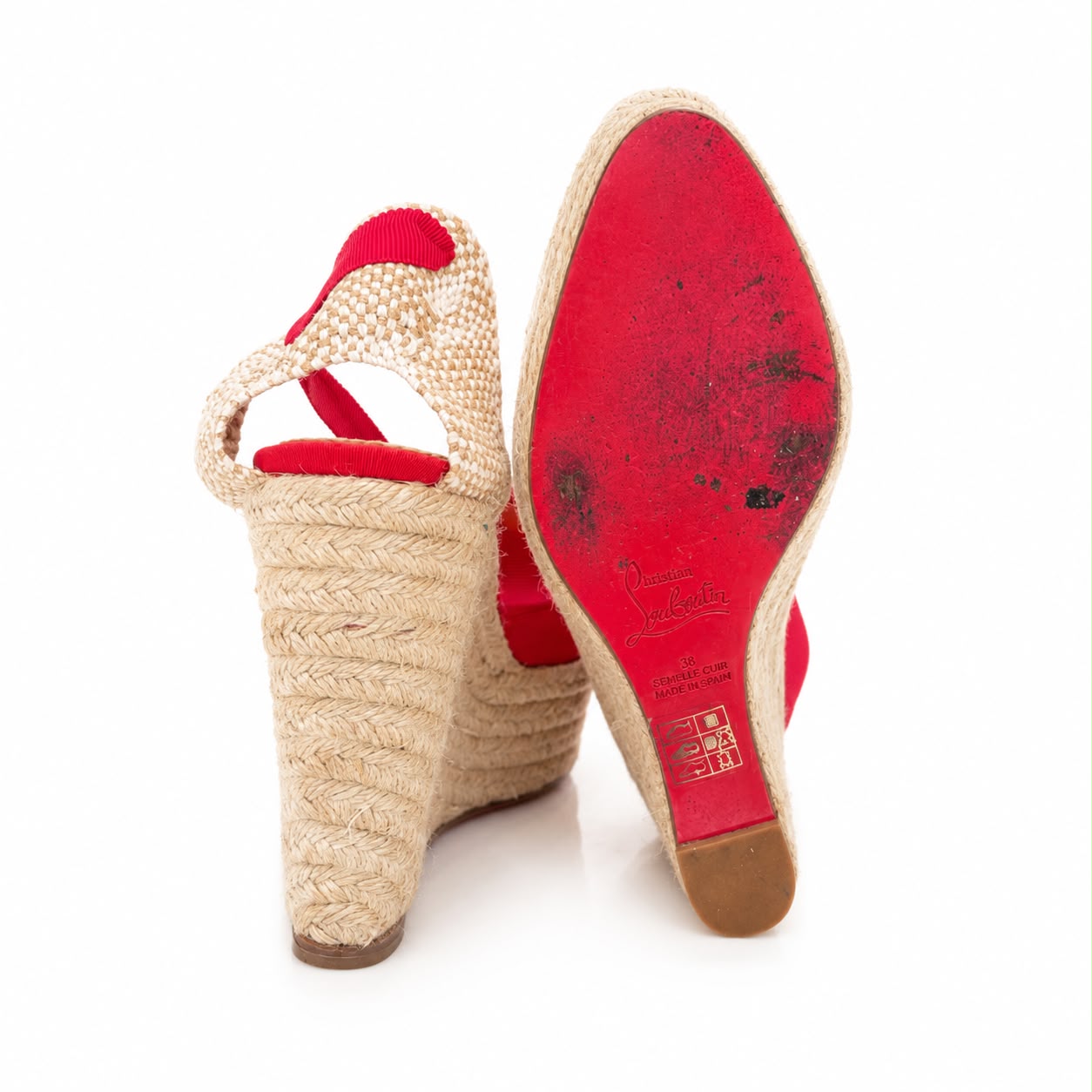 LOUBOUTIN - WEDGE ESPADRILLES RED CANVAS AND RAFFIA SIZE 38 EU