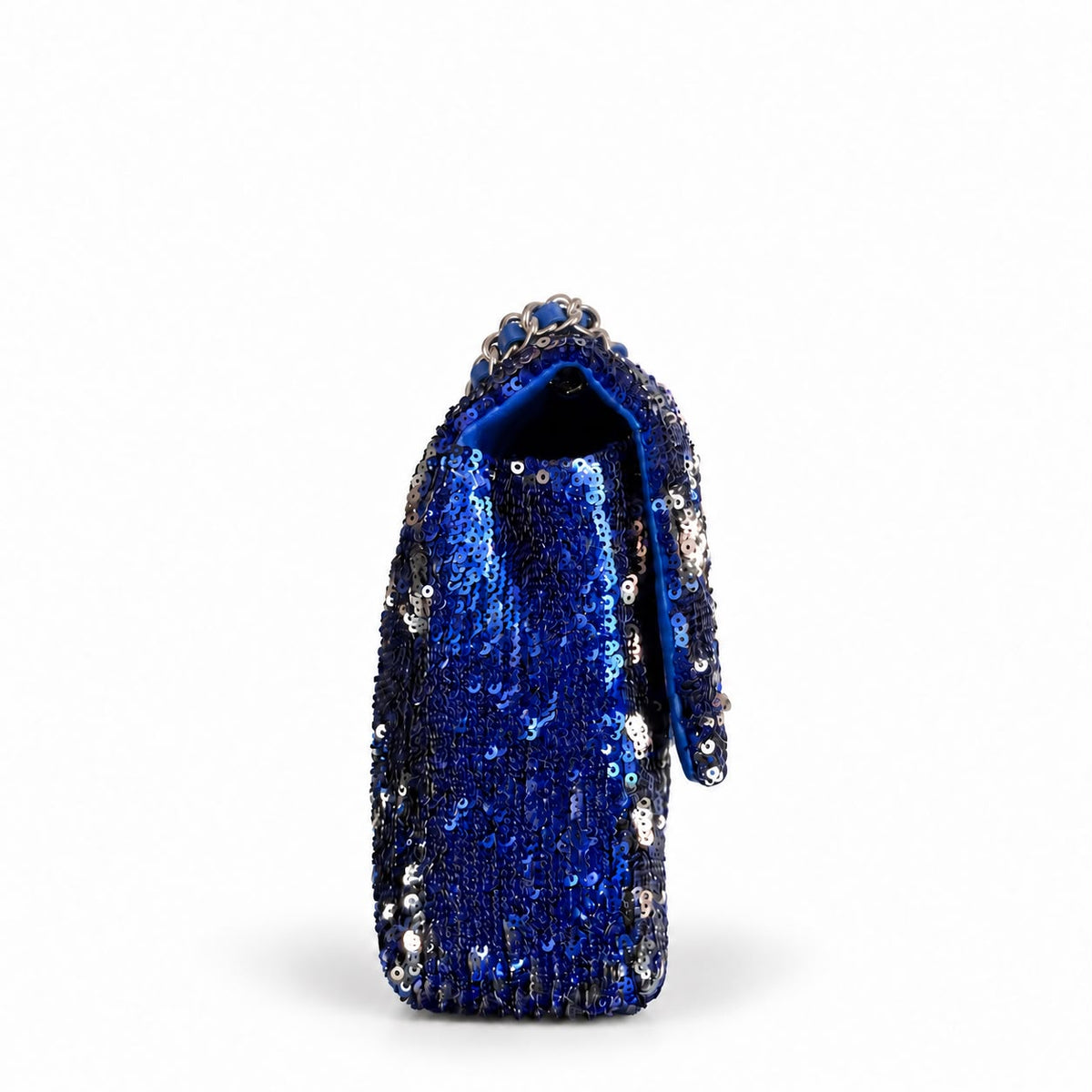 CHANEL - BAG CLASSIC SINGLE FLAP IN BLUE SEQUINS WITH SILVER TONE HARDWARE