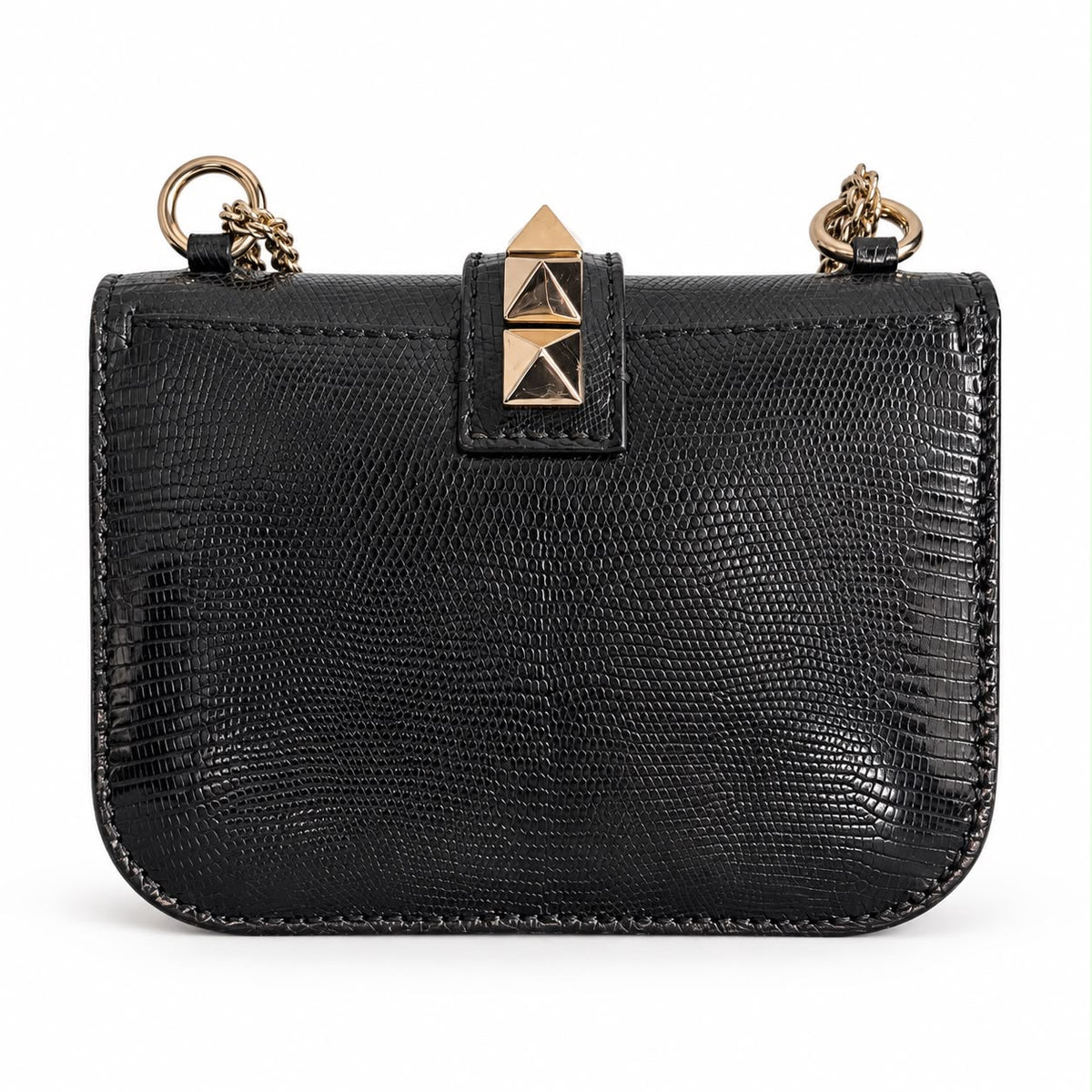 VALENTINO – ROCKSTUD GLAM LOCK BLACK LIZARD-EMBOSSED LEATHER SHOULDER BAG