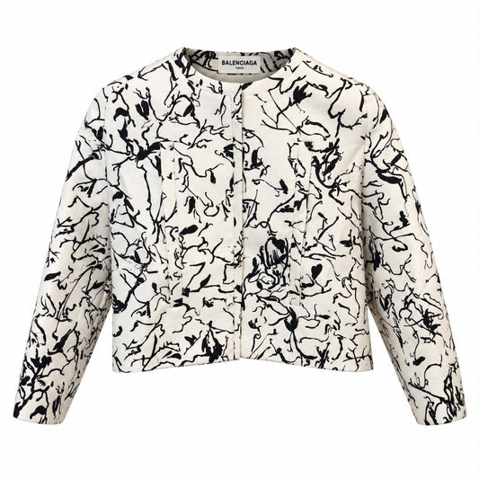 BALENCIAGA - JACKET CROPPED BLACK & WHITE ABSTRACT FLORAL PRINT SIZE S