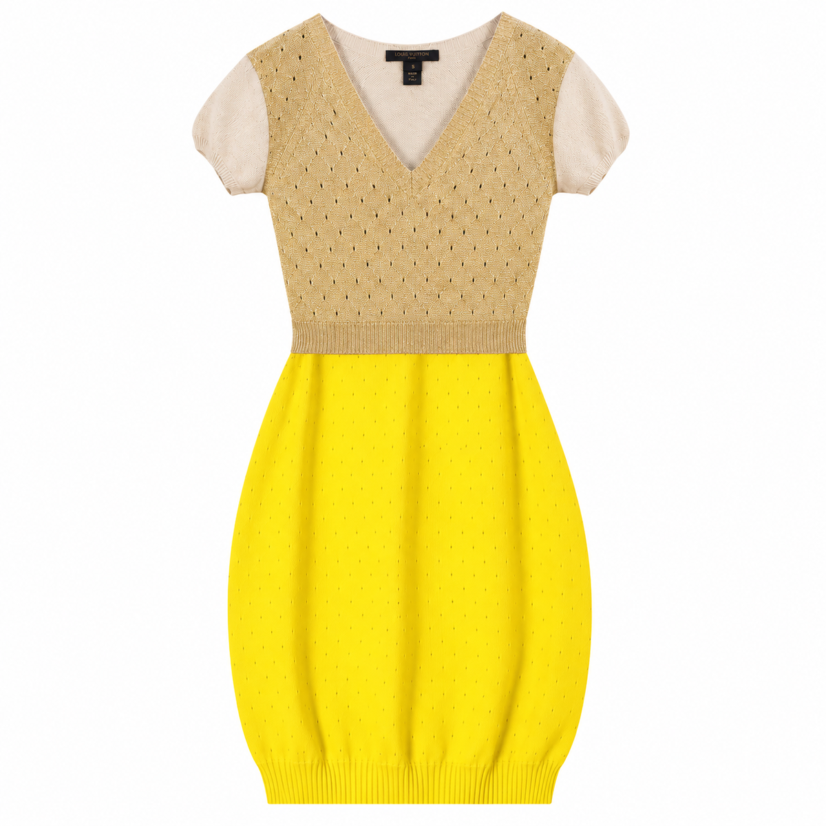 LOUIS VUITTON - DRESS KNIT MIDI V-NECK GOLD CREAM AND YELLOW SIZE S