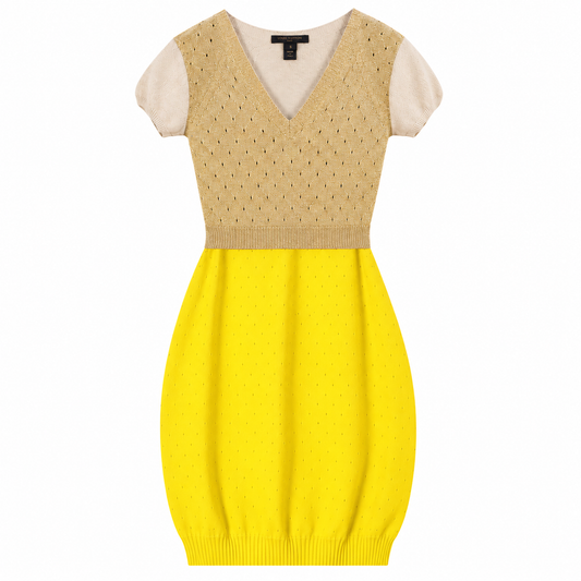 LOUIS VUITTON - DRESS KNIT MIDI V-NECK GOLD CREAM AND YELLOW SIZE S