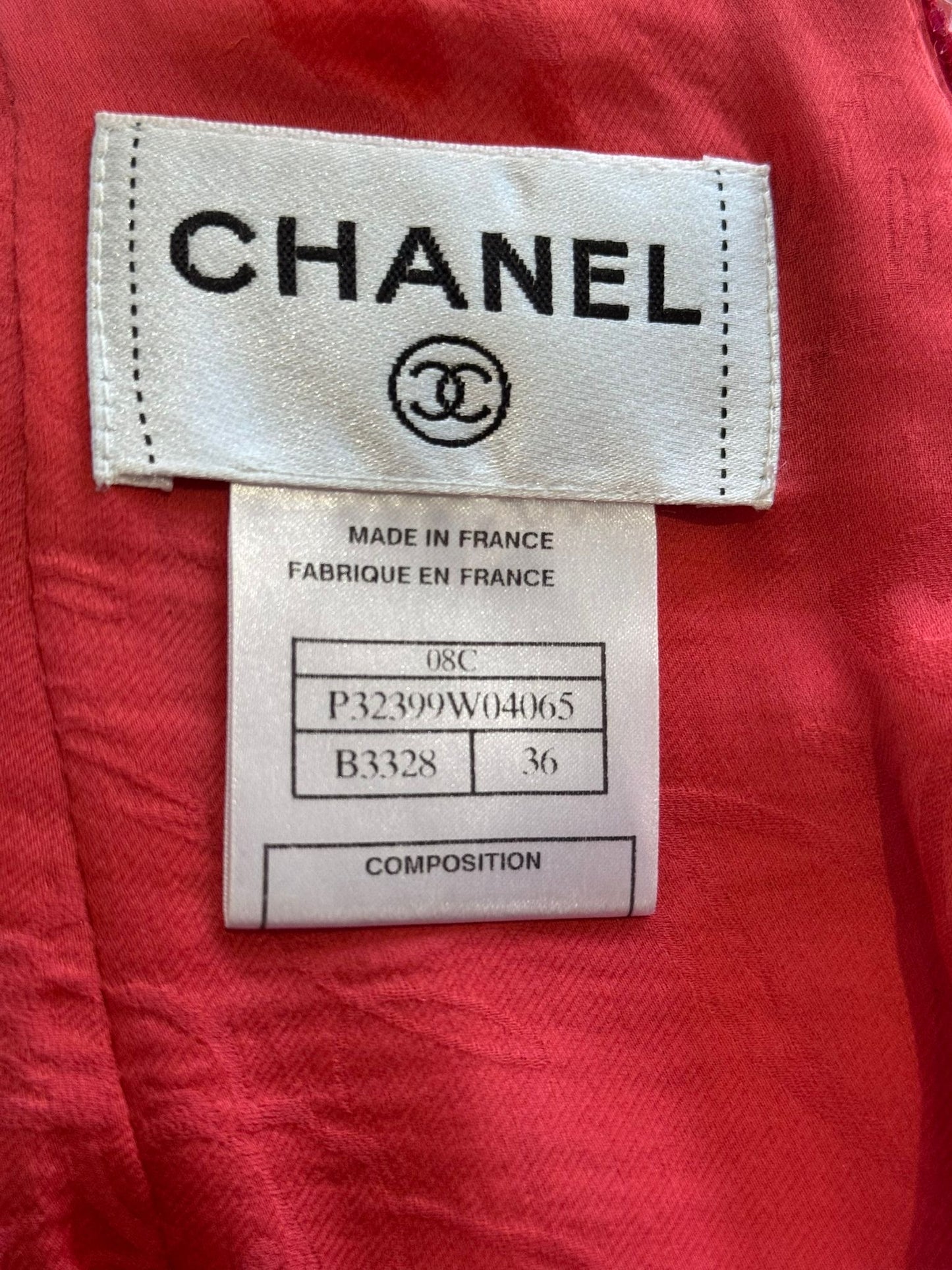 CHANEL - DRESS TWEED CORAL WITH SEQUINS AND FRINGE DETAILS SIZE 36 FR
