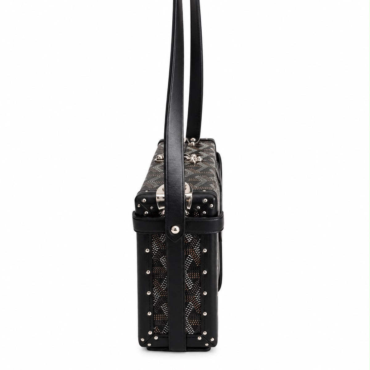 GOYARD - MINI TRUNK SHOULDER BAG IN BLACK GOYARDINE CANVAS WITH BLACK LEATHER TRIM & SILVER-TONE HARDWARE