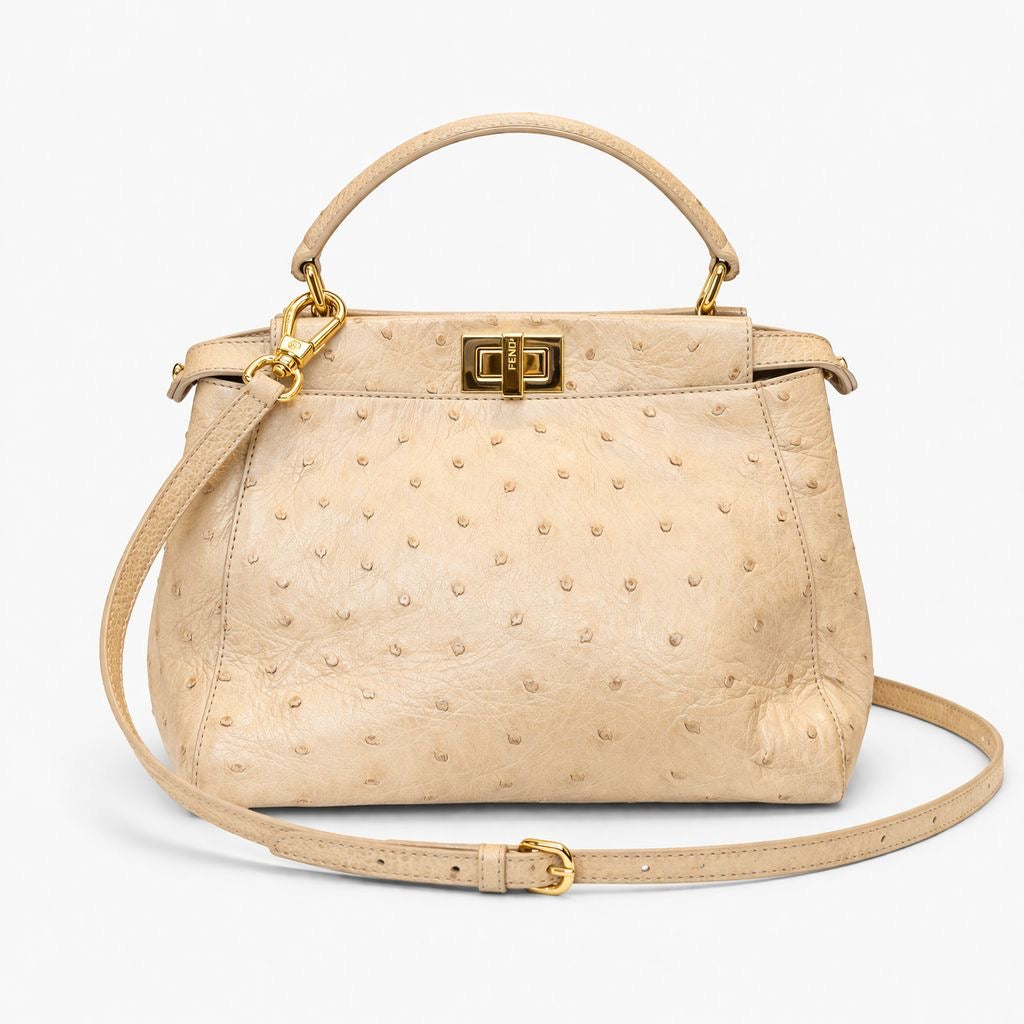 FENDI - PEEKABOO BAG BEIGE OSTRICH LEATHER WITH STRAP