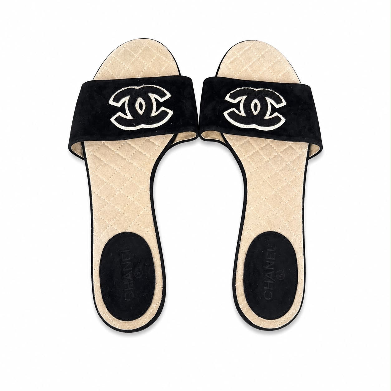CHANEL - FLAT SANDALS BLACK SUEDE WITH EMBROIDERED LOGO SIZE 38 EU