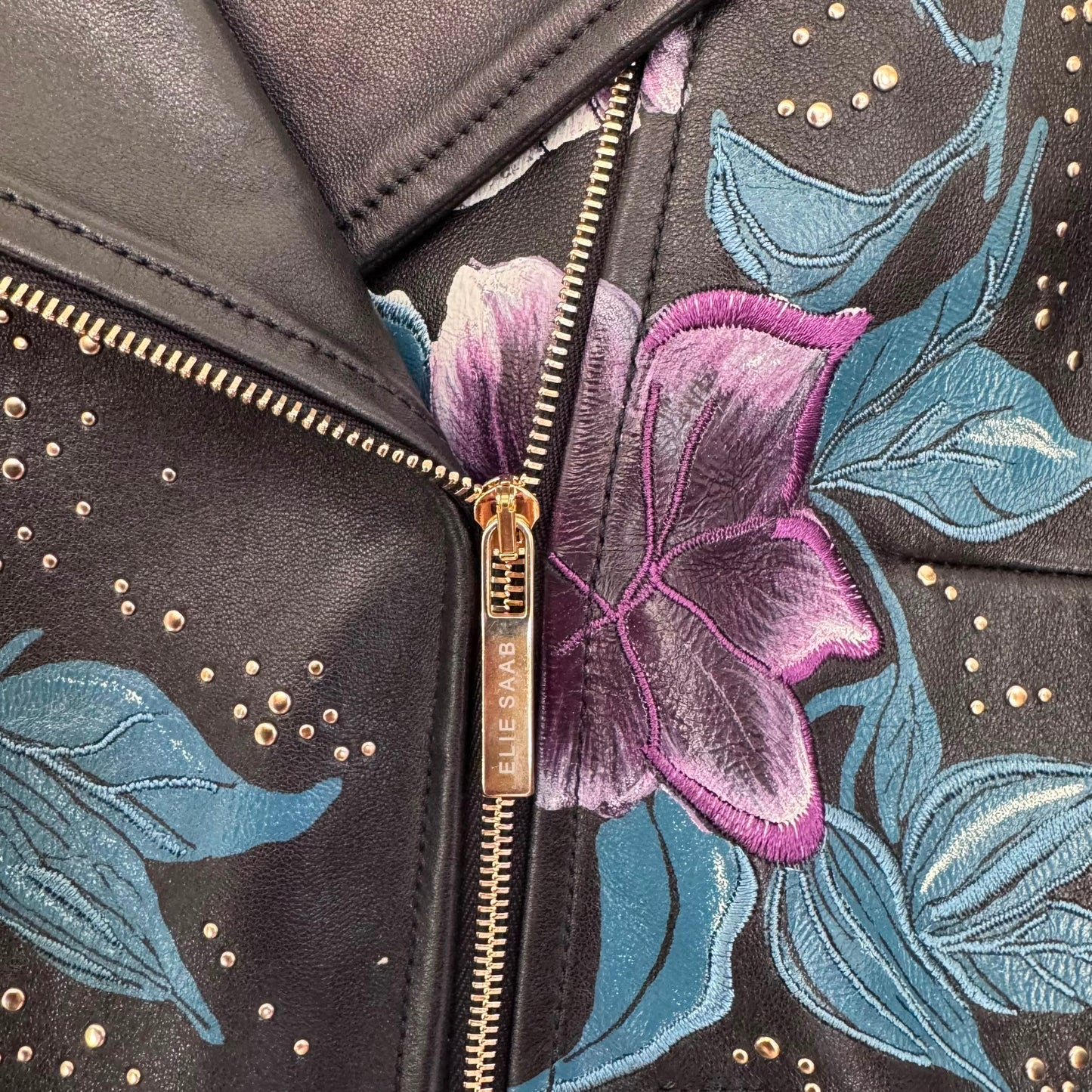 ELIE SAAB - JACKET BLACK LAMBSKIN LEATHER WITH STUDS & FLORAL EMBROIDERY SIZE 40 FR
