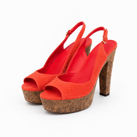 GUCCI - WEDGE SANDALS ORANGE SUEDE AND BROWN CORK SIZE 38 C EU