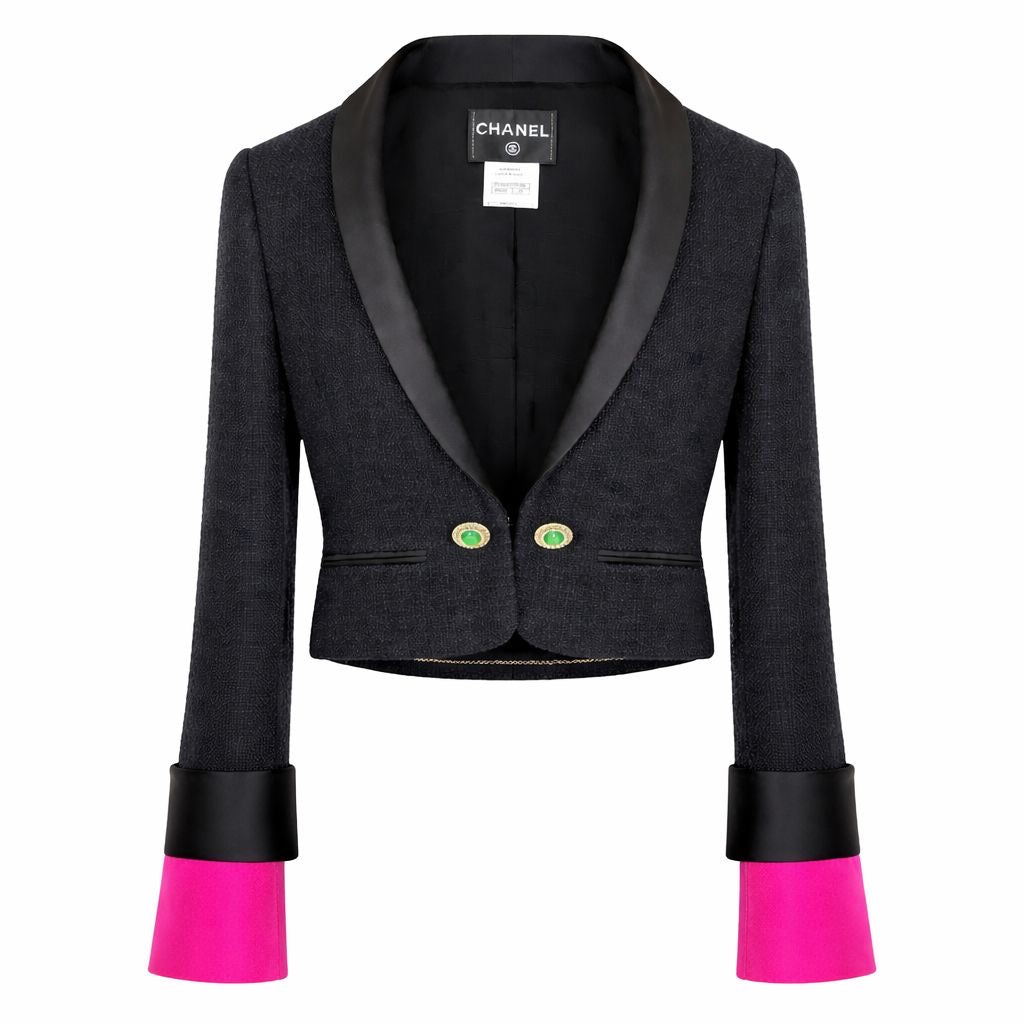 CHANEL - JACKET TWEED SMOKING BLACK WITH SILK COLLAR AND FUCHSIA CUFFS SIZE 34 FR