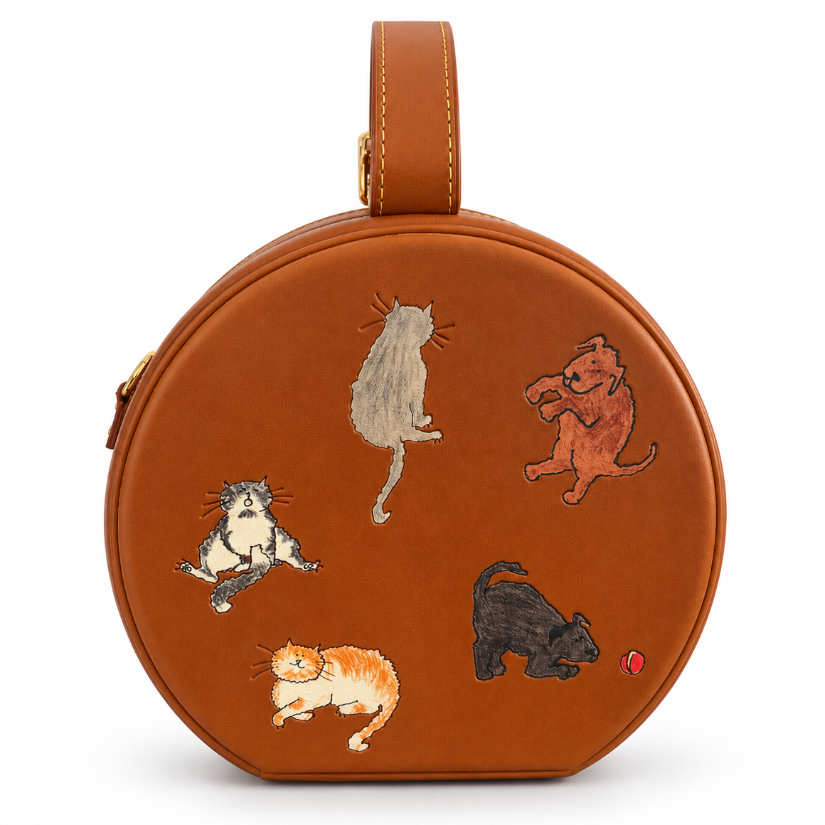 LOUIS VUITTON - BAG CATOGRAM ROUND HATBOX IN COGNAC BROWN LEATHER WITH CAT & DOG PRINT