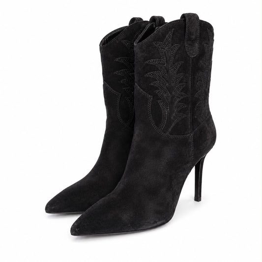 SAINT LAURENT - STILETTO BOOTIES BLACK SUEDE LEATHER SIZE 37,5 EU