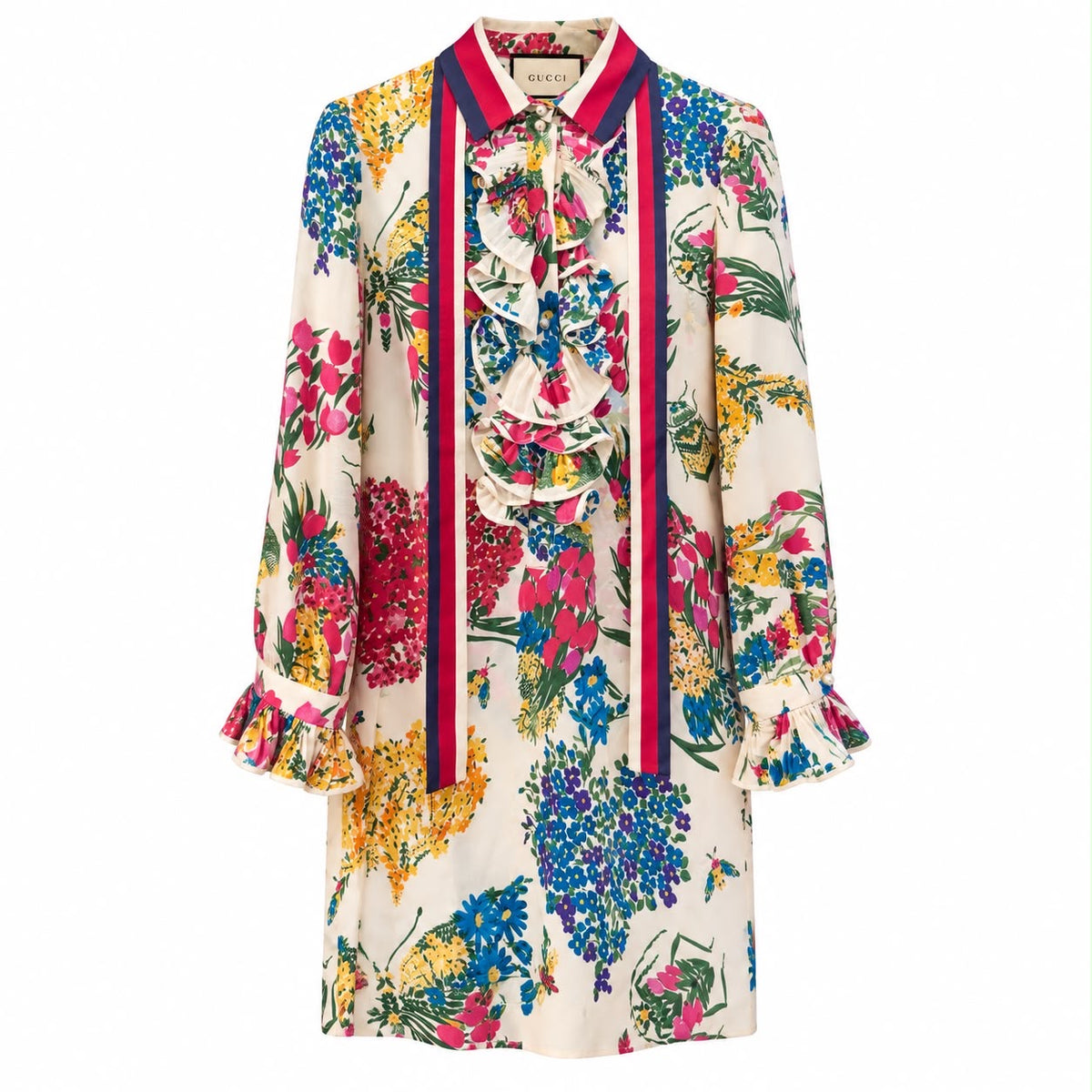 GUCCI - DRESS MINI CORSAGE RUFFLE-TRIM FLORA PRINT SIZE 42 IT