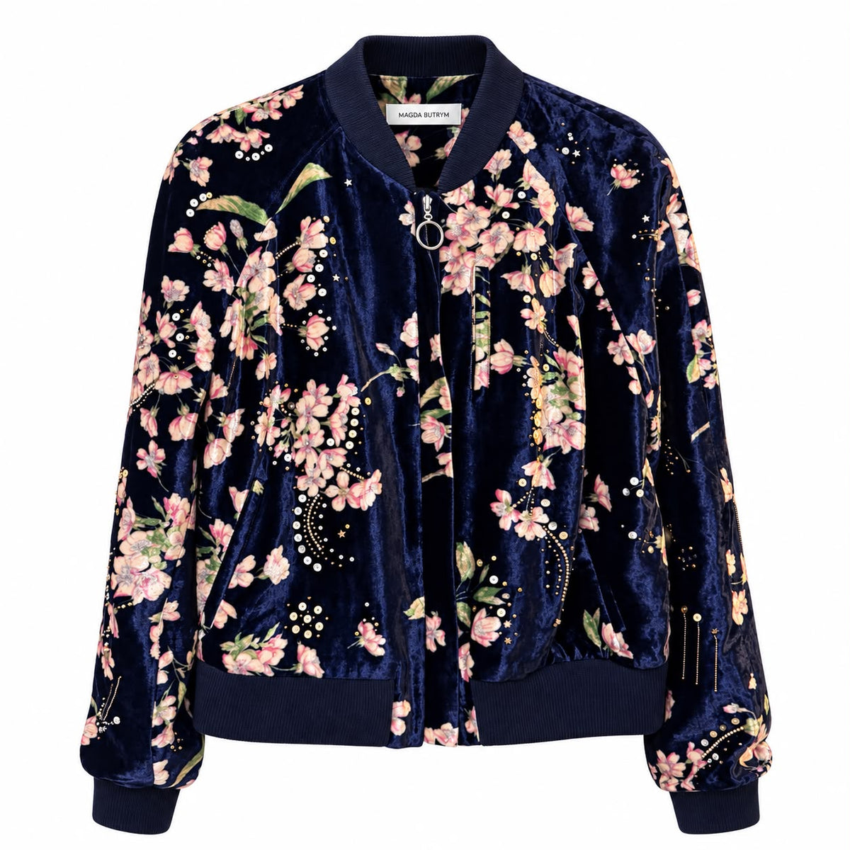 MAGDA BUTRYM - BOMBER JACKET TOKYO DARK BLUE VELVET WITH PINK CHERRY BLOSSOM FLORAL PRINT SIZE 38 FR
