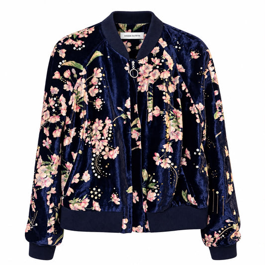 MAGDA BUTRYM - BOMBER JACKET TOKYO DARK BLUE VELVET WITH PINK CHERRY BLOSSOM FLORAL PRINT SIZE 38 FR