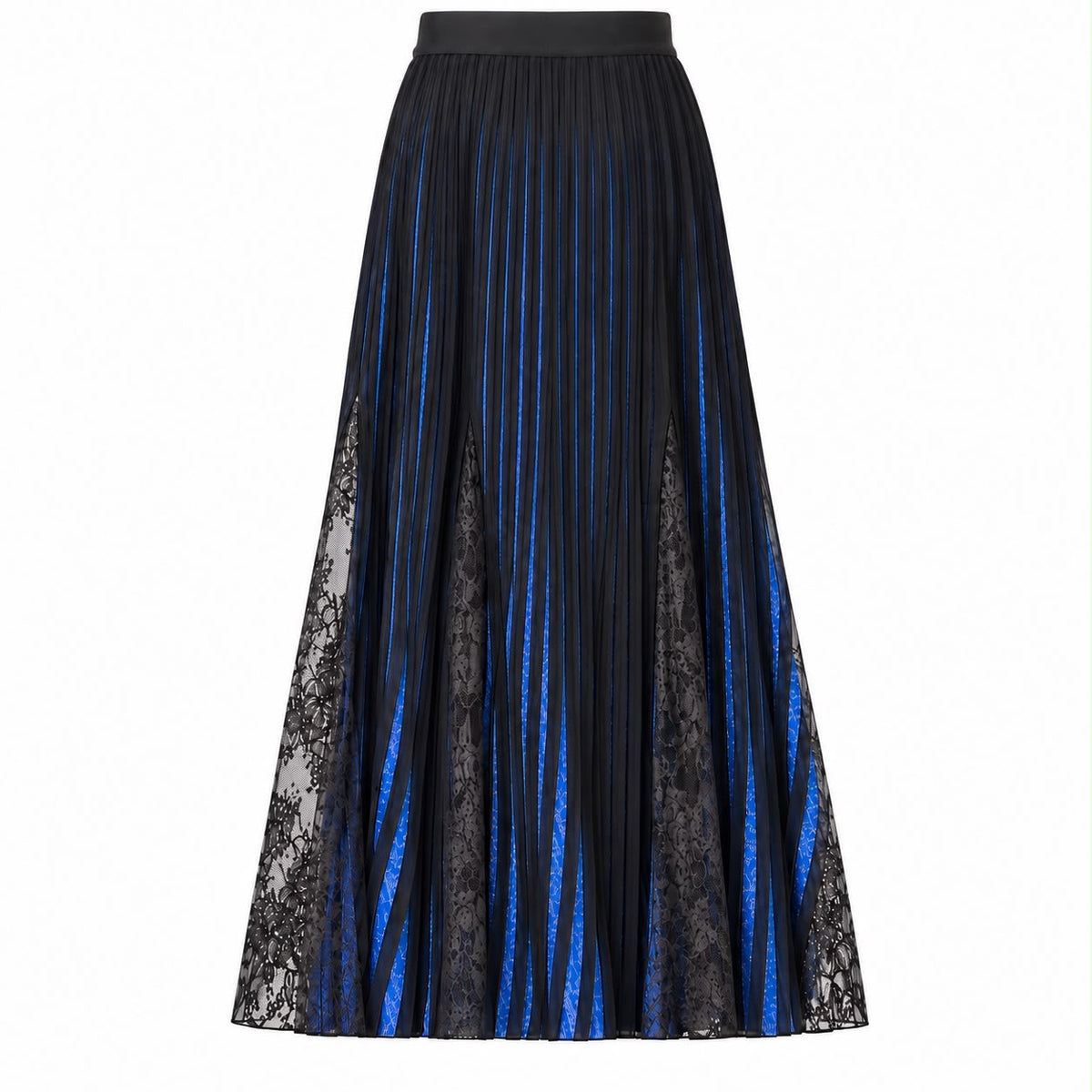 ELIE SAAB - MAXI SKIRT BLUE & BLACK PLEATED WITH LACE & BOW SIZE 36 FR