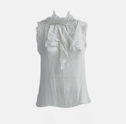 CHANEL - BLOUSE IVORY SLEVELESS HIGH-NECK LACE SIZE 36 FR