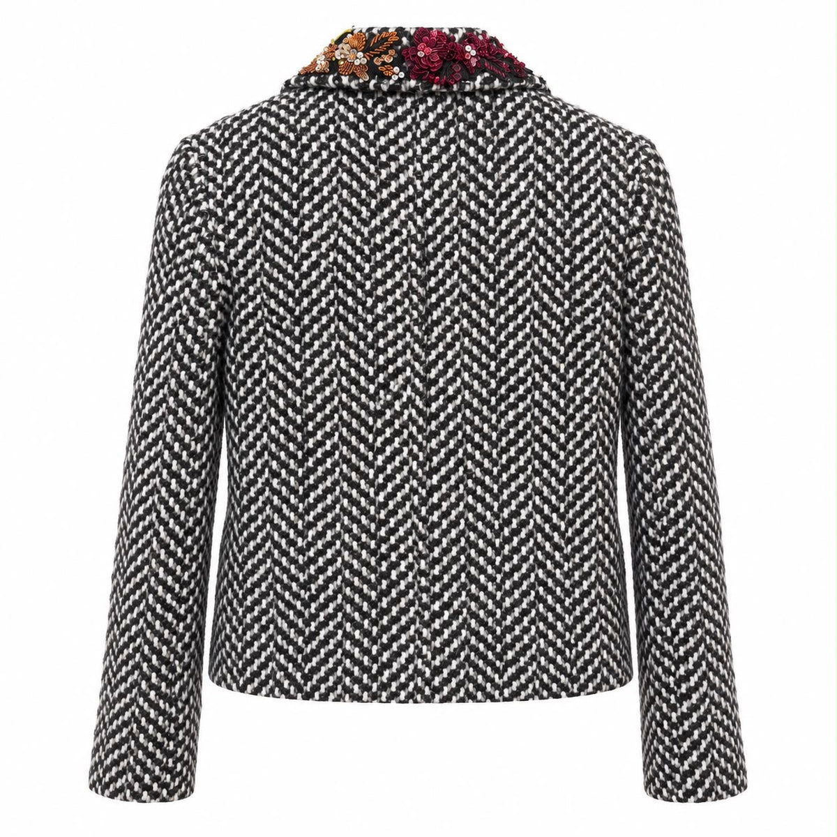 ERMANNO SCERVINO - SET JACKET & MINI SKIRT TWEED BLACK & WHITE WITH MULTICOLOR FLORAL EMBELLISHMENT SIZE 40/38 IT