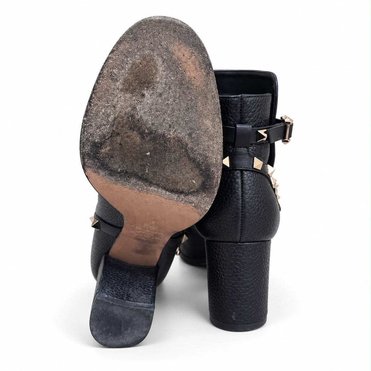 VALENTINO GARAVANI – ANKLE BOOTS ROCKSTUD BLACK GRAINED LEATHER WITH PLATINUM-FINISH STUDS SIZE 35.5 EU