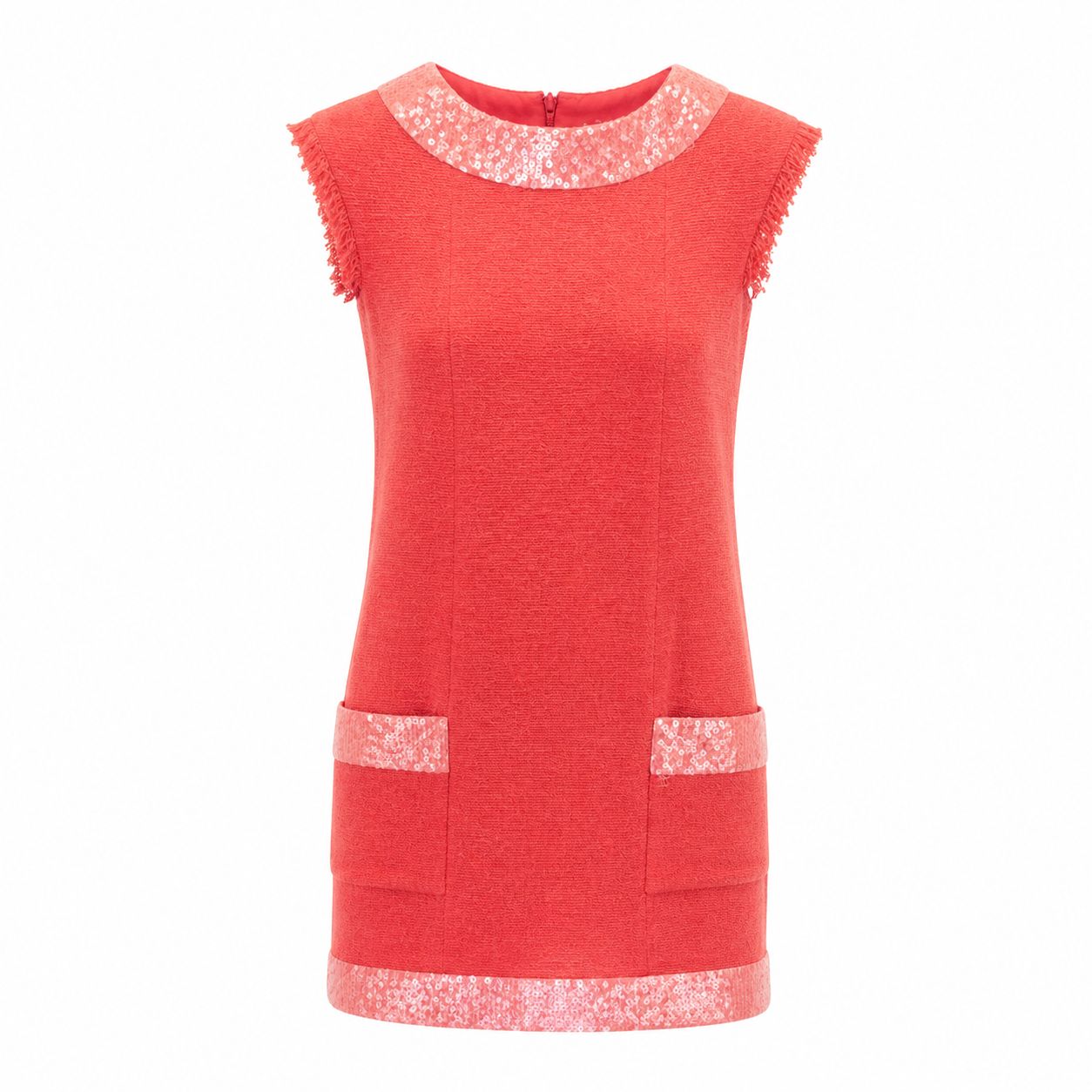 CHANEL - DRESS TWEED CORAL WITH SEQUINS AND FRINGE DETAILS SIZE 36 FR