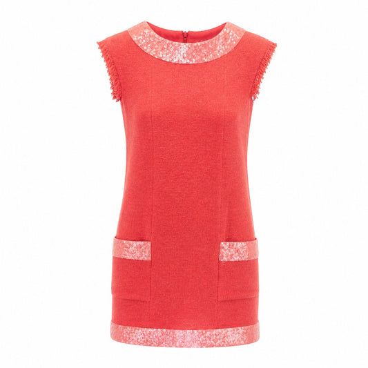 CHANEL - DRESS TWEED CORAL WITH SEQUINS AND FRINGE DETAILS SIZE 36 FR