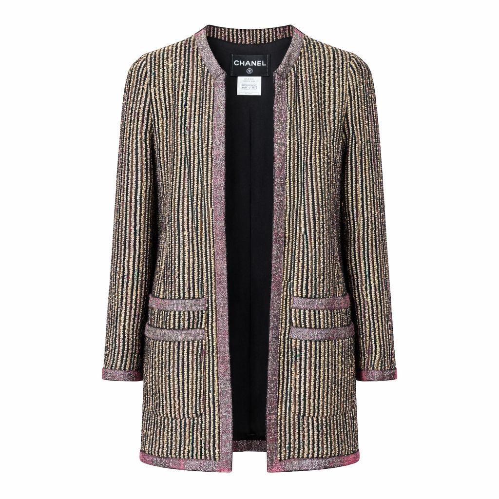 CHANEL – JACKET AND SKIRT SET WITH METALLIC GOLD STRIPES SIZE 34 FR