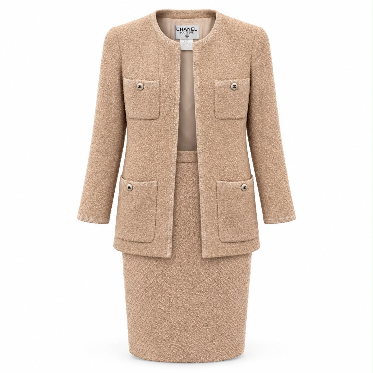 CHANEL – SKIRT SUIT IN BEIGE WOOL BOUCLÉ VINTAGE SPRING 1996 – FR 40 / IT 44