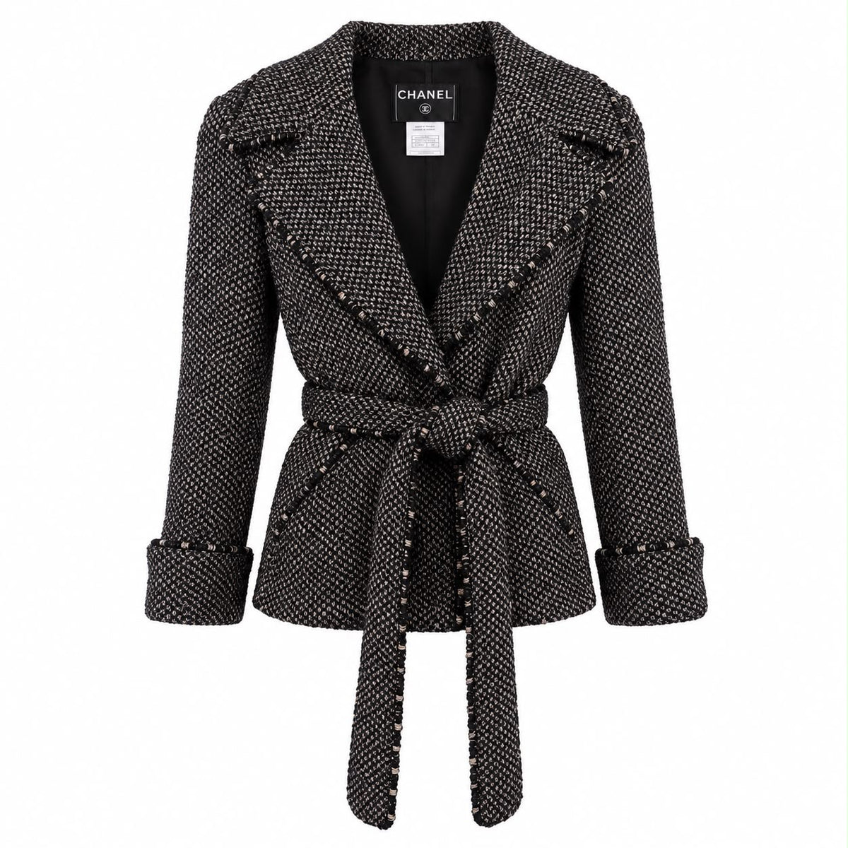 CHANEL – JACKET BLACK & WHITE TEXTURED TWEED BELTED WITH CC BUTTONS SIZE 48 FR