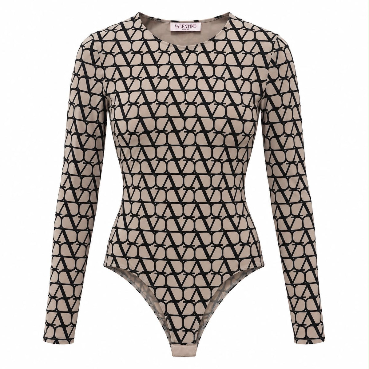 VALENTINO – BODYSUIT BEIGE AND BLACK VLOGO PRINT LONG-SLEEVED STRETCH SIZE M
