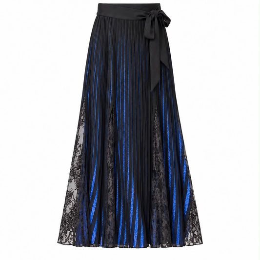 ELIE SAAB - MAXI SKIRT BLUE & BLACK PLEATED WITH LACE & BOW SIZE 36 FR