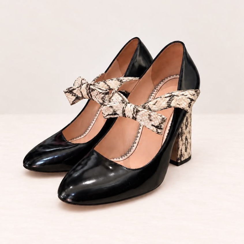 GUCCI - PUMPS MARY JANE BLACK LEATHER & BEIGE WATER SNAKE SIZE 39,5 EU