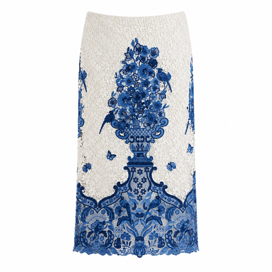 VALENTINO - *BRAND NEW* SKIRT LONG WHITE AND BLUE GUIPURE LACE PLEATED SKIRT SIZE 44 IT