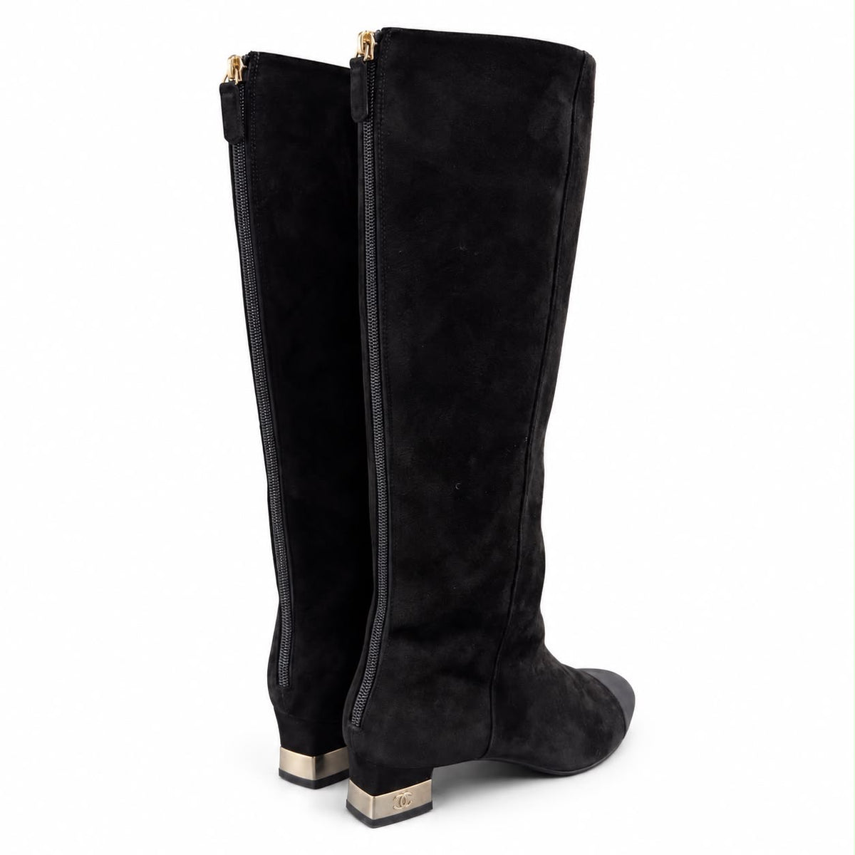 CHANEL - HIGH BOOTS BLACK SUEDE WITH CAP TOE & METALLIC HEEL SIZE 37 C