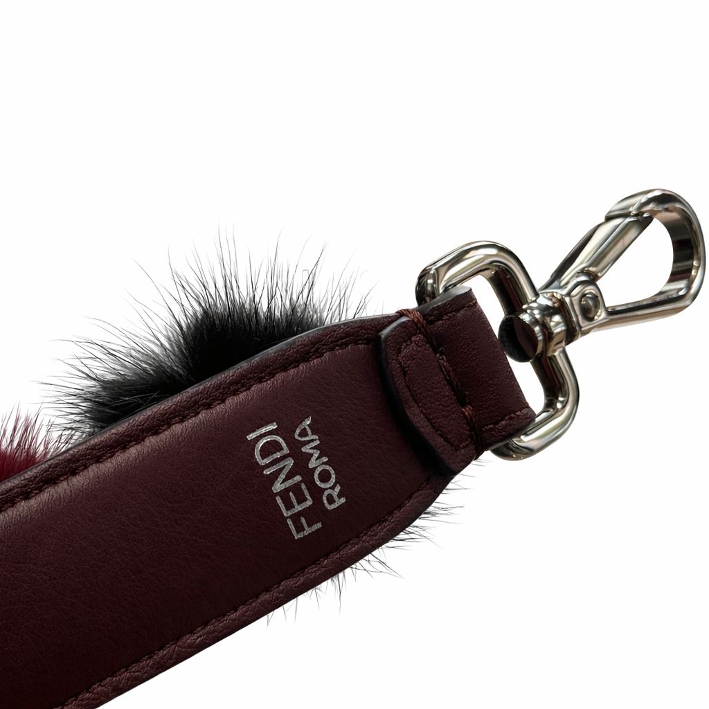 FENDI - STRAP BORDEAUX LEATHER WITH MULTICOLOR FUR POMPOMS