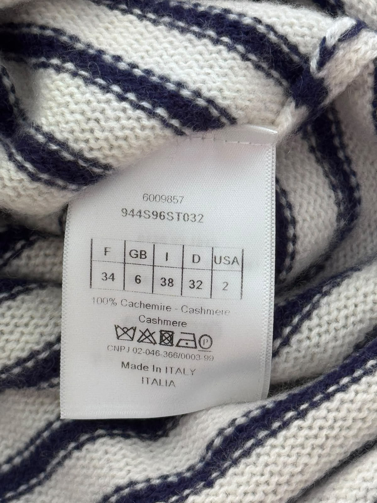 DIOR – SWEATER J’ADIOR ST TROPEZ IN IVORY AND NAVY STRIPED CASHMERE SIZE FR 34 / IT 38