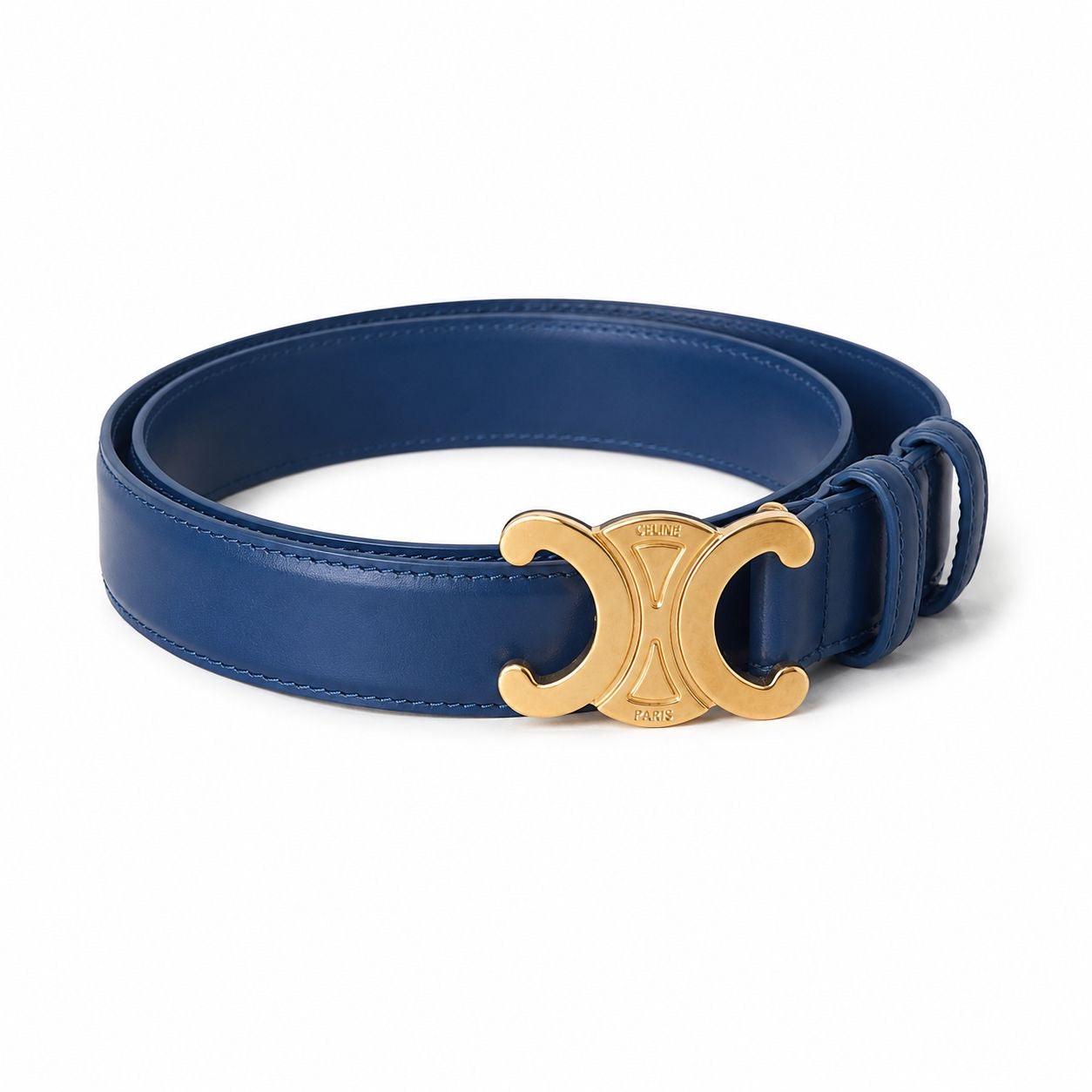 CÉLINE - BELT TRIOMPHE BLUE LEATHER GOLD-FINISHED BUCKLE SIZE 85