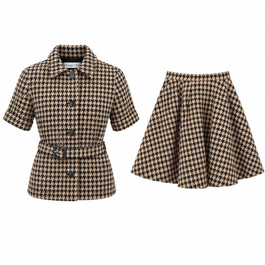 DIOR - SET JACKET AND SKIRT PIED-DE-POULE BROWN AND BLACK SIZE 34 FR