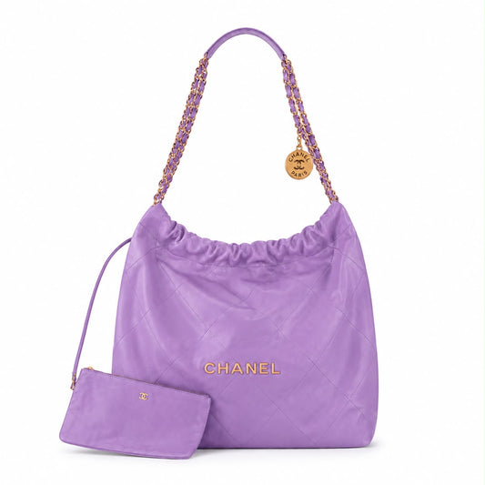 CHANEL - BAG CHANEL 22 LARGE PURPLE QUILTED SHOULDER BAG GOLD HARDWARE
