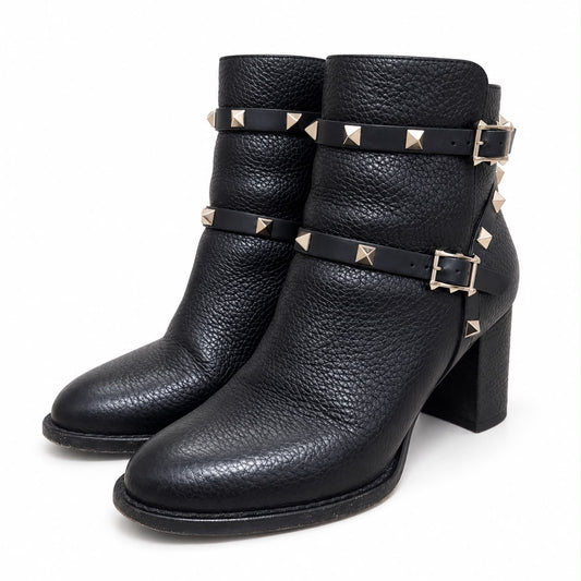 VALENTINO GARAVANI – ANKLE BOOTS ROCKSTUD BLACK GRAINED LEATHER WITH PLATINUM-FINISH STUDS SIZE 35.5 EU
