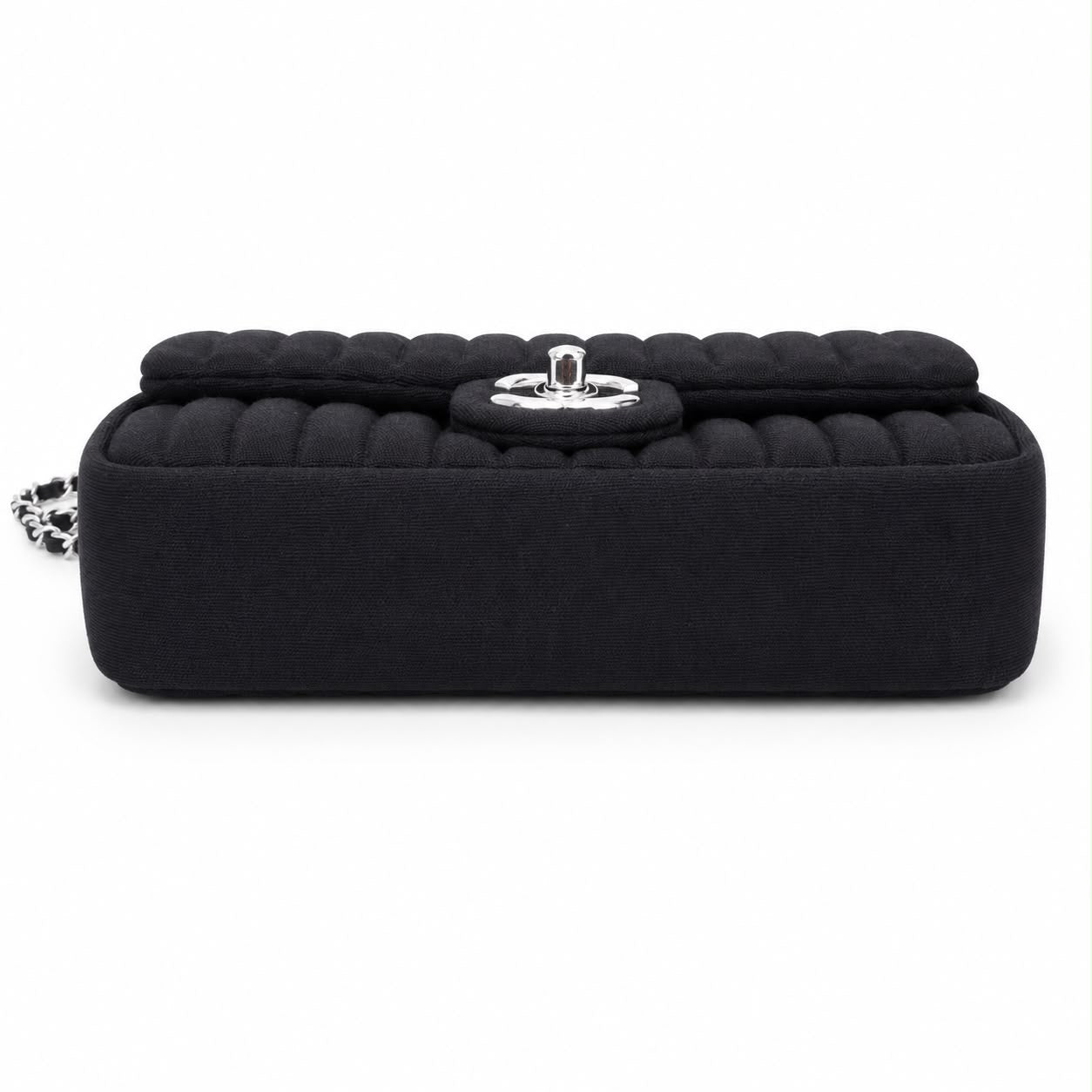 CHANEL - *NEVER USED* BAG MINI FLAP JERSEY VERTICAL QUILTED BLACK WITH SILVER HARDWARE