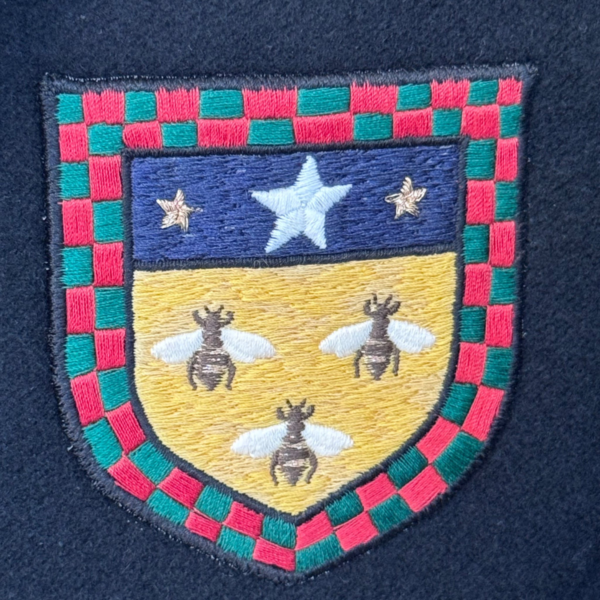 GUCCI - BLAZER NAVY BLUE WOOL & CASHMERE WITH YELLOW TRIM & EMBROIDERED BEE CREST SIZE 50 IT