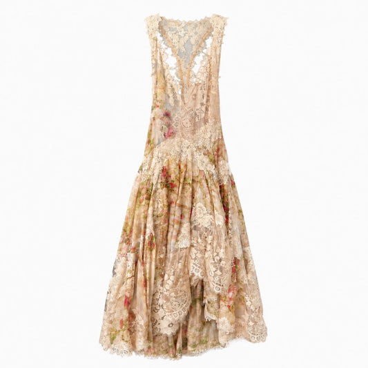ZIMMERMANN - DRESS MAXI MULTICOLOR LACE-TRIMMED FLORAL LINEN & SILK SIZE 0