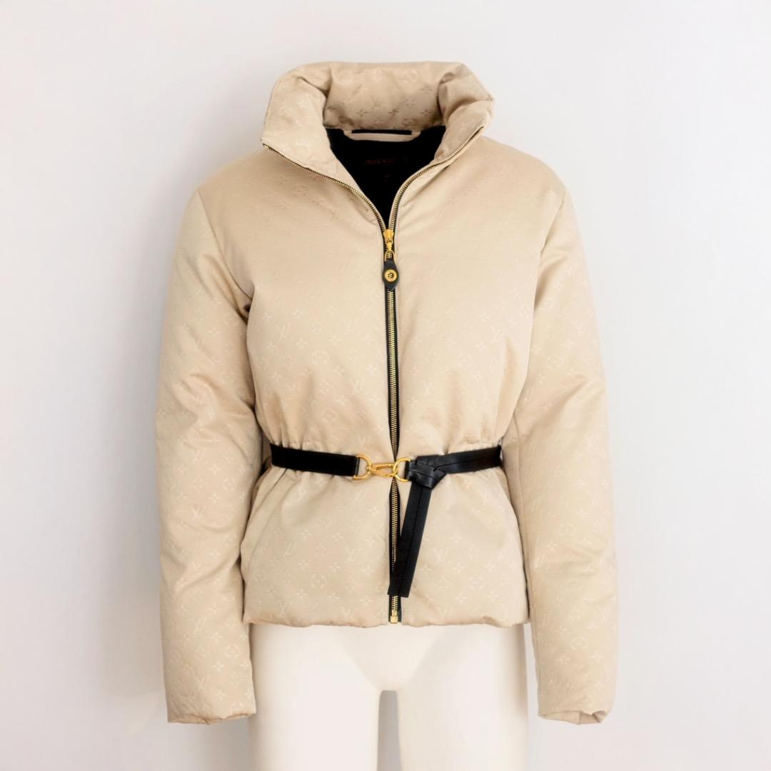 LOUIS VUITTON - BEIGE MONOGRAM PUFFER JACKET WITH BLACK LEATHER BELT SIZE 36 FR