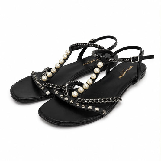 SAINT LAURENT - SANDALS FLAT BLACK LEATHER WITH STUDS CHAIN & PEARLS SIZE 37 EU