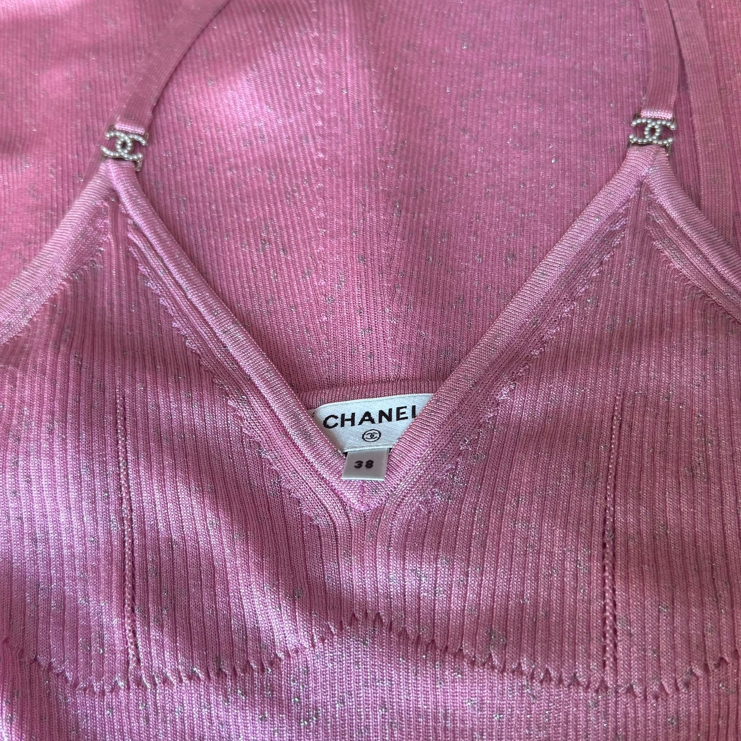 CHANEL - JUMPSUIT PINK RIBBED KNIT WITH CC LOGO DETAILS 38 FR