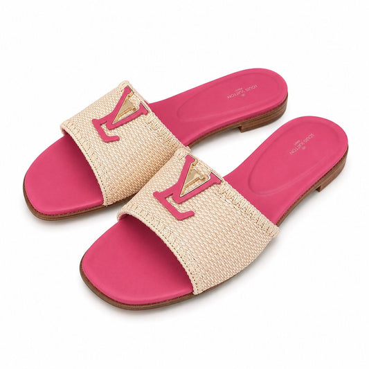 LOUIS VUITTON - *NEW* FLAT MULES IN NATURAL RAFFIA WITH FUCHSIA LEATHER SIZE 39 EU
