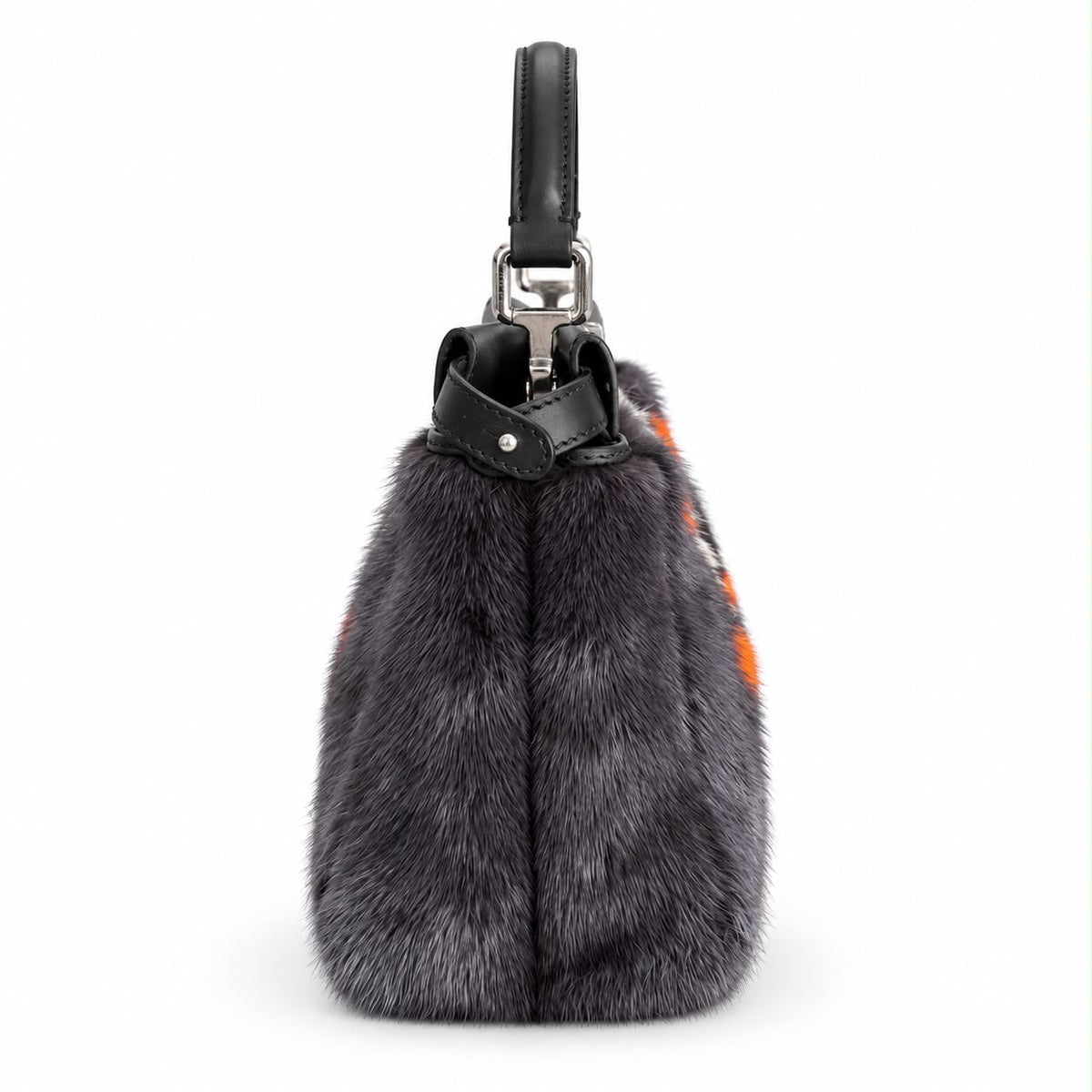 FENDI – BAG MINI PEEKABOO GREY FUR WITH ORANGE POLKA DOTS AND SILVER-TONE HARDWARE